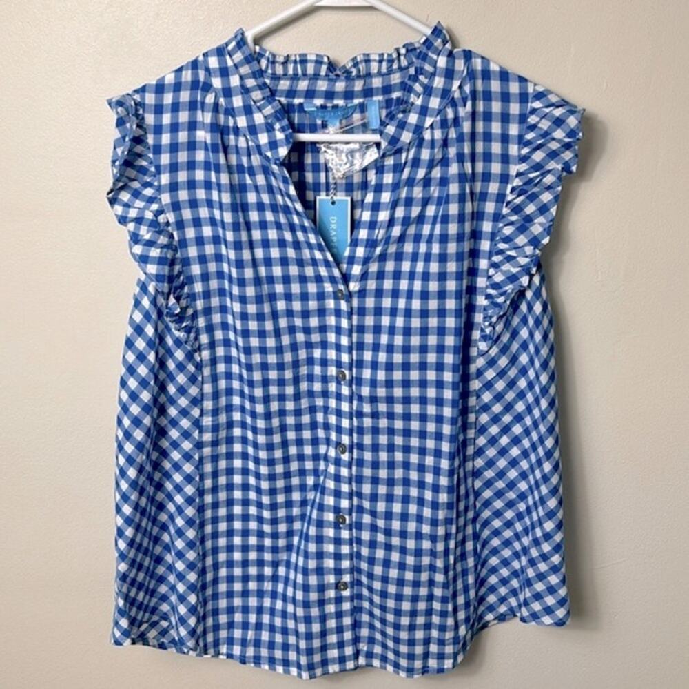 NWT Draper James blue gingham sleeveless ruffle detail button down blouse top - Picture 4 of 13
